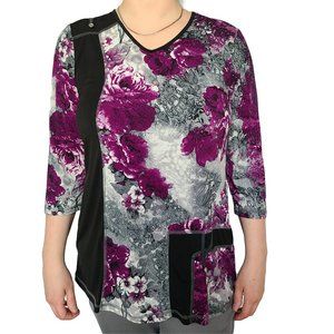 CLEO PETITES Purple, Gray & Black Floral Top PL